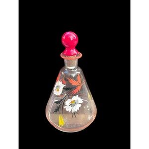 Vtg Hand Painted Floral Cordial Glass Decanter Red Stopper MCM Barware Kitsch